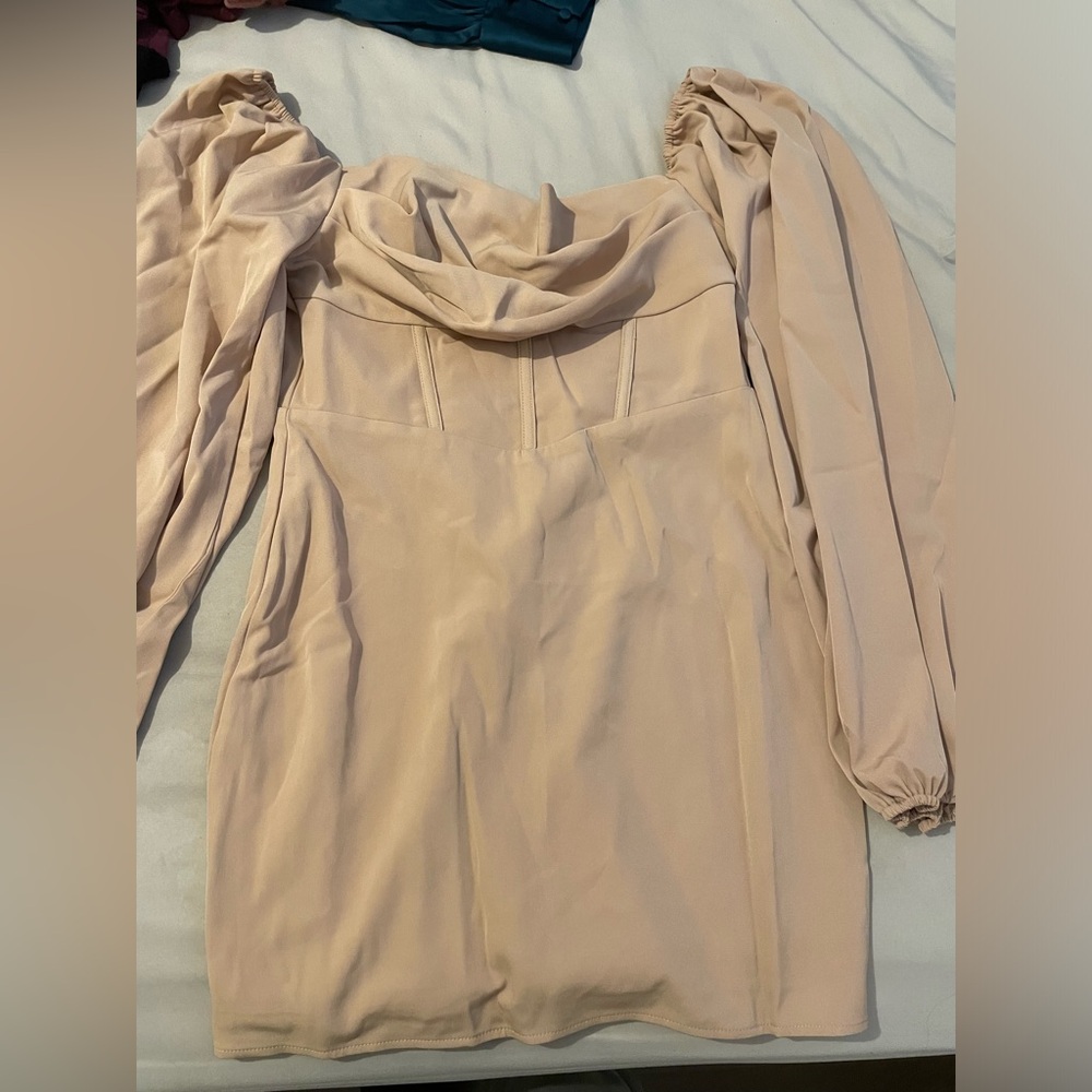 Lillie Long Sleeve Mini Dress Beige- Princess Polly